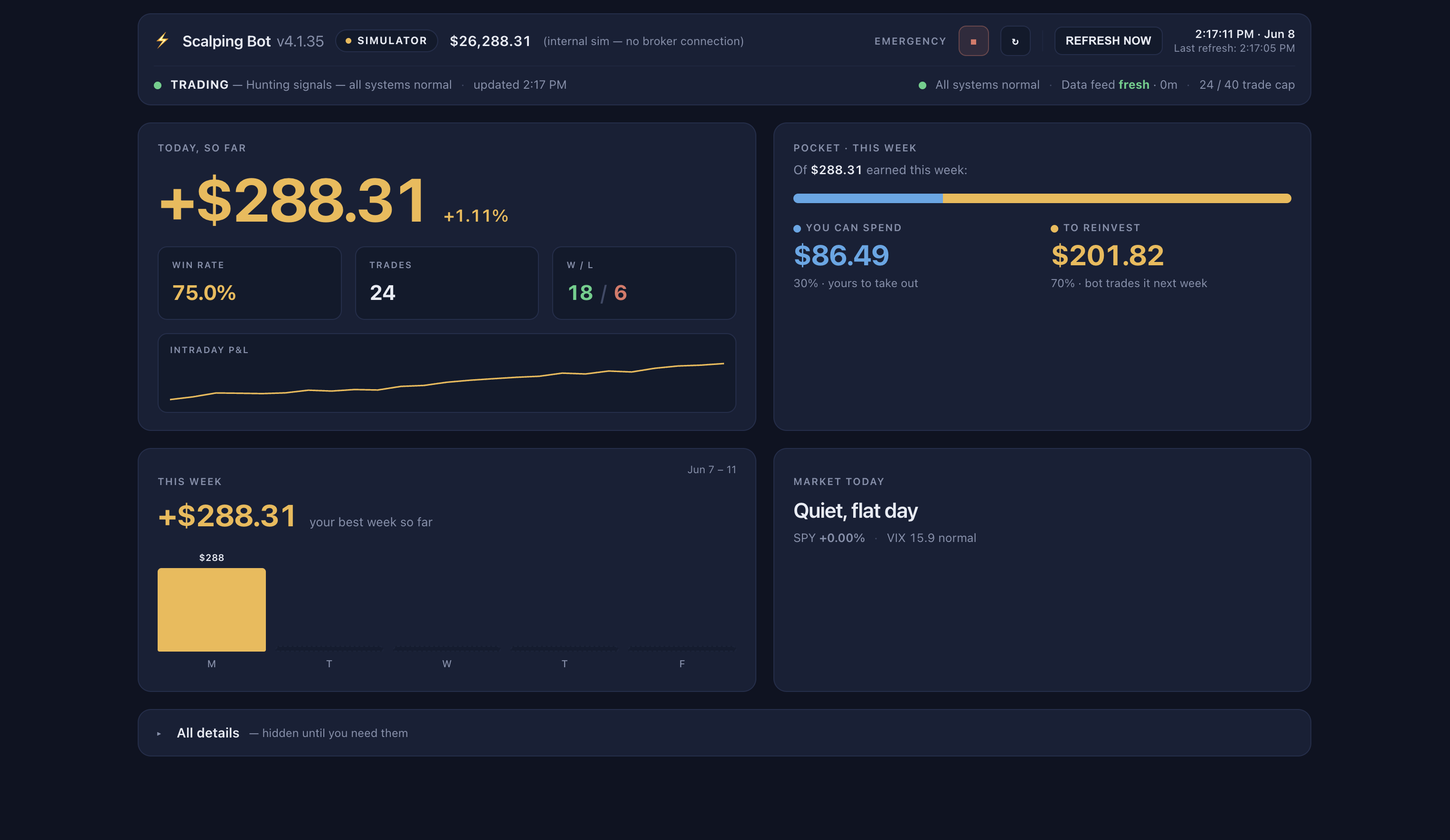 Screenshot of the Scalping Bot trading dashboard
