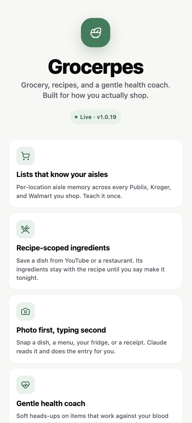Screenshot of Grocerpes — recipe to grocery list app